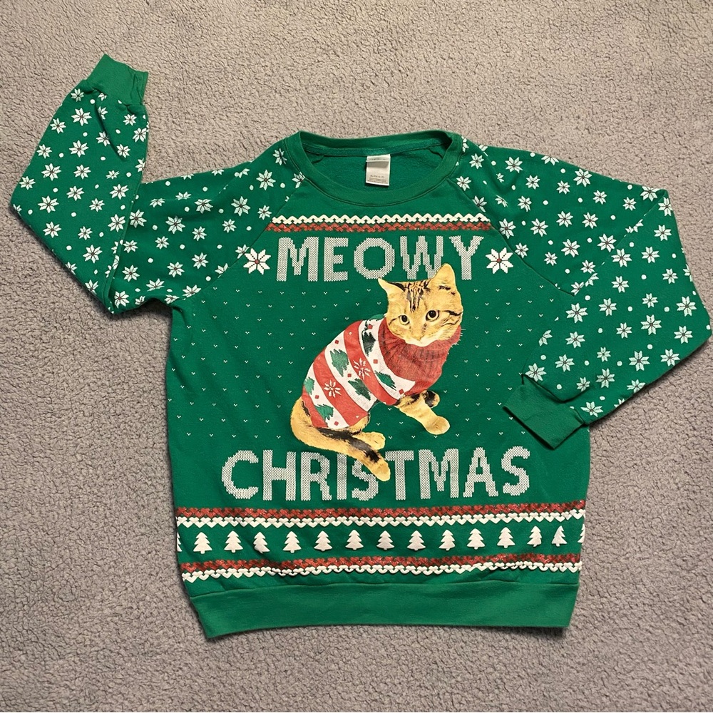Women’s Freeze Meowy Christmas Sweatshirt Kitten Animal Print Green Size XL